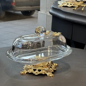 Altın Ayaklı Kristal Topuzlu Cam Kapaklı Tereyağlık – Lüks Servis ve Sunum Kabı